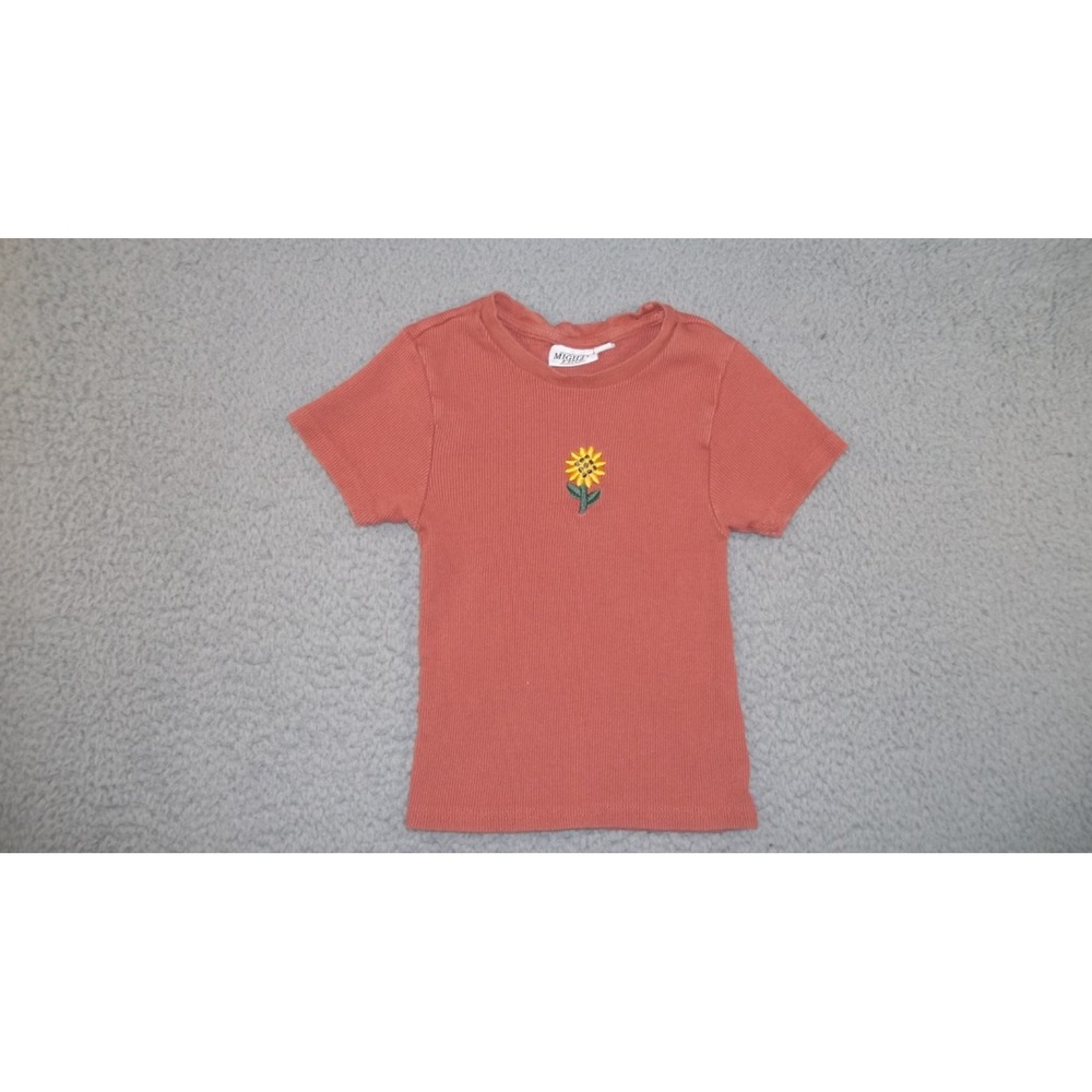 Mighty Fine Baby Tee Juniors XS Cropped Ribbed‎ Emroidered Sunflower Y2K Retro